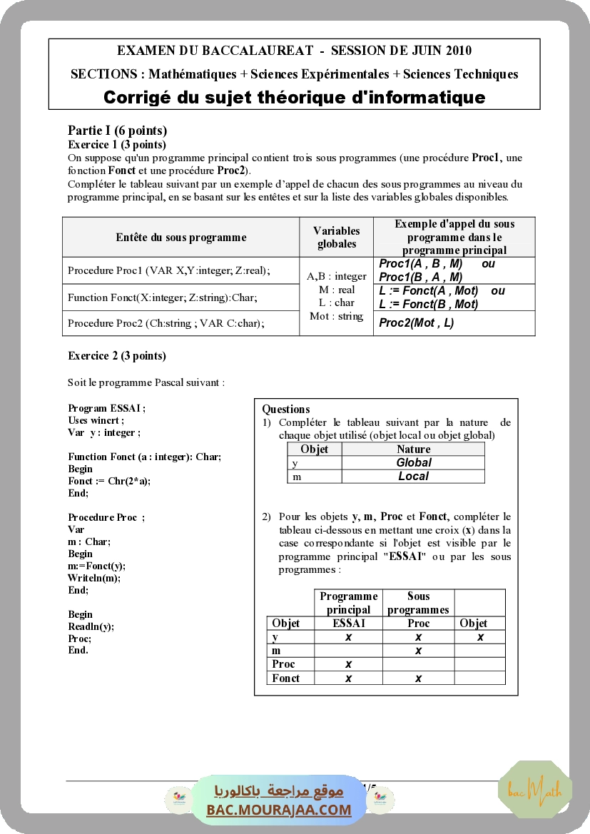 Corrigé principale info Bac 2010 – Section math